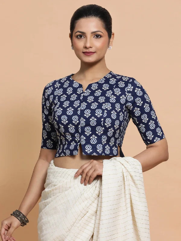 Blouses & Shirts for Teachers -  Women's High Neck Blouses-Lekha x Rozaana | Elbow Sleeves Cotton Saree Blouse in Indigo Blue Flower Block Print Fabric