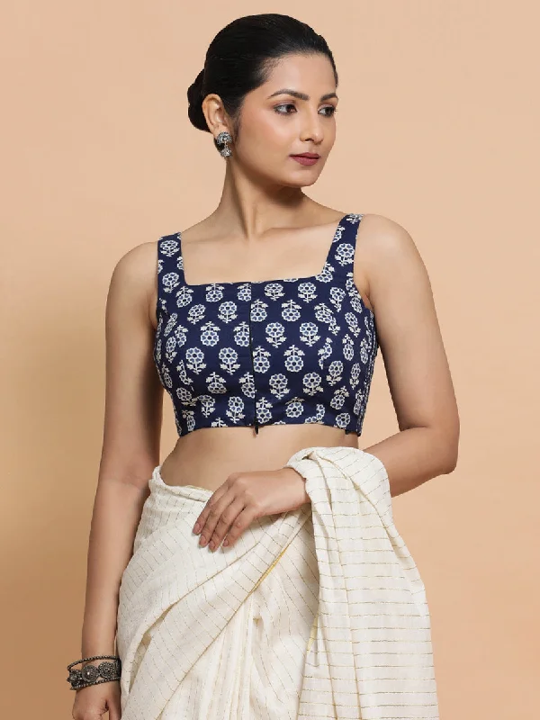 Blouses & Shirts for Luxury Wear -  Women's Layered Blouses-Bina x Rozaana | Sleeveless Cotton Saree Blouse in Indigo Blue Flower Block Print Fabric