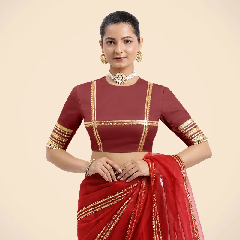 Blouses & Shirts for Makeup Artists -  Women's Lace-Up Blouses-Farheen x Tyohaar | Auburn Red Embellished Elbow Sleeves FlexiFit™ Saree Blouse with Zero Neck with Back Cut-Out and Golden Gota Embellishment