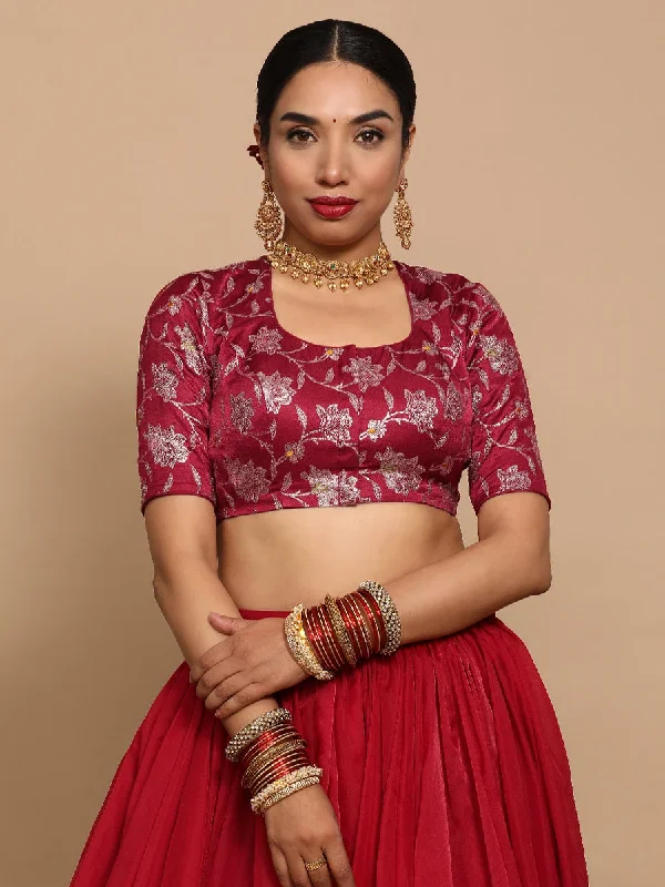 Blouses & Shirts for Programmers -  Women's Leopard Print Blouses-Saanvi x Tyohaar | Elbow Sleeves Satin Viscose Saree Blouse in Red Meenakari Fabric