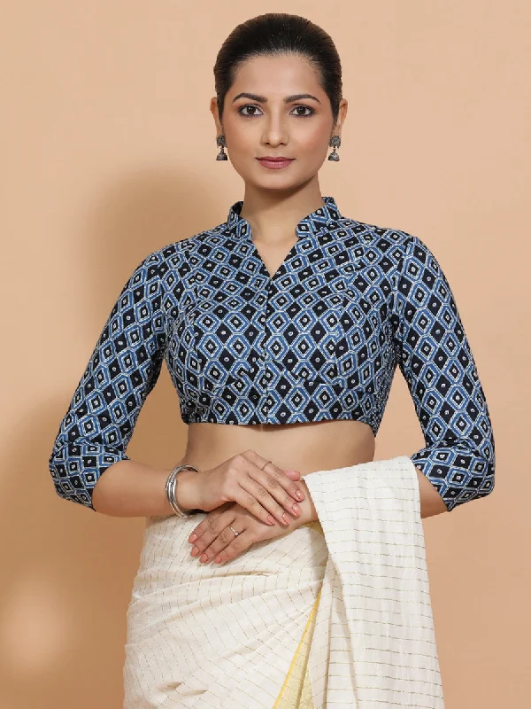 Blouses & Shirts for Wedding -  Women's Fringe Blouses-Bhumika x Rozaana | Three Quarter Sleeves Cotton Saree Blouse in Indigo Blue Geometric Block Print Fabric