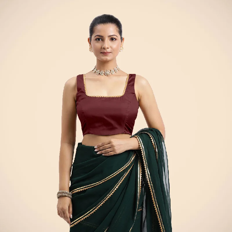 Blouses & Shirts for Moms -  Women's Long Tunic Blouses-Tanvi x Tyohaar | Burgundy Sleeveless FlexiFit™ Saree Blouse with Square Front Neck and Deep Back with Dori and Golden Gota Embellishment