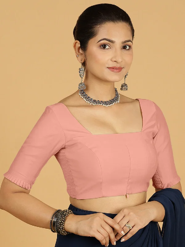 Blouses & Shirts for Modest Fashion -  Women's High Neck Blouses-Nihira x Rozaana | Elbow Sleeves Saree Blouse in Sea Pink