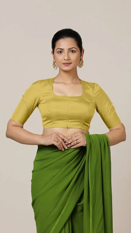 Blouses & Shirts for Slim Fit -  Women's Cropped Blouses-Aziza x Rozaana | Elbow Sleeves Saree Blouse in Lemon Yellow