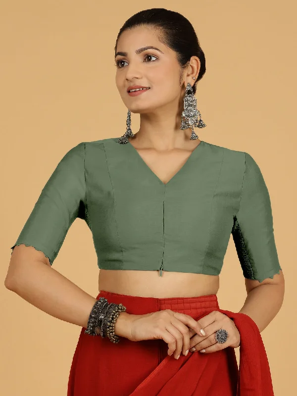 Blouses & Shirts for Women -  Women's Animal Print Blouses-Divya x Rozaana | Elbow Sleeves Saree Blouse in Hunter Green