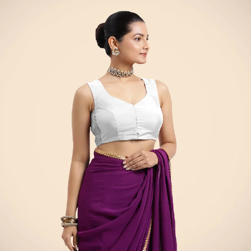 Blouses & Shirts for Camping -  Women's Lace Blouses-Nazia x Rozaana | Pearl White Sleeveless FlexiFit™ Saree Blouse with Front Open Curved V Neckline with Deep Back and Dori