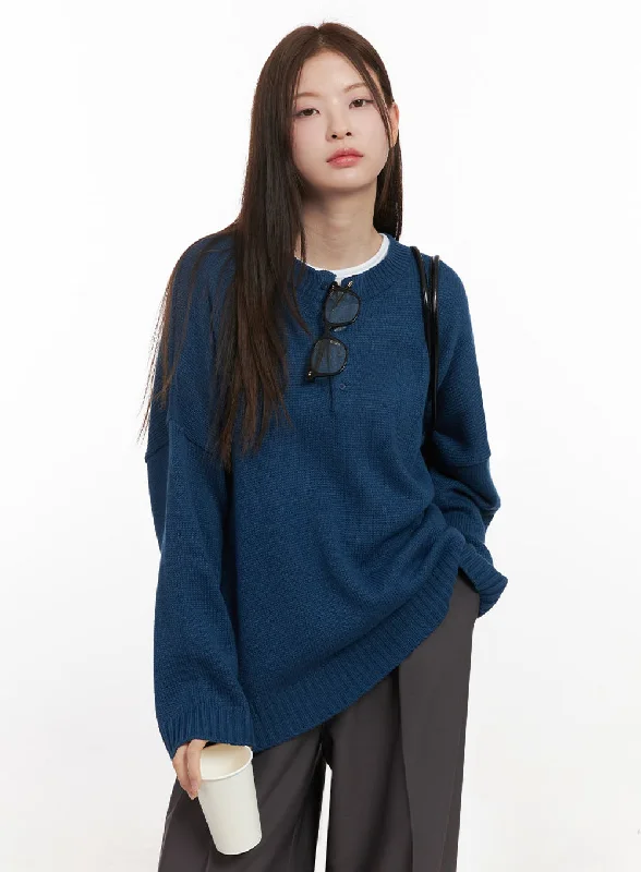 Pullover sweater cozy knit-Women's High-Waisted Ruffle Pullovers-Oversized Half-Button Sweater IJ527