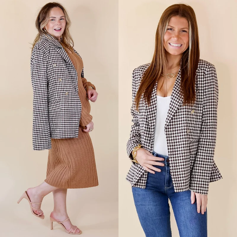 Layering Blazer-Women's Cocktail Blazers-Shot Of Espresso Houndstooth Blazer with Gold Buttons in Brown