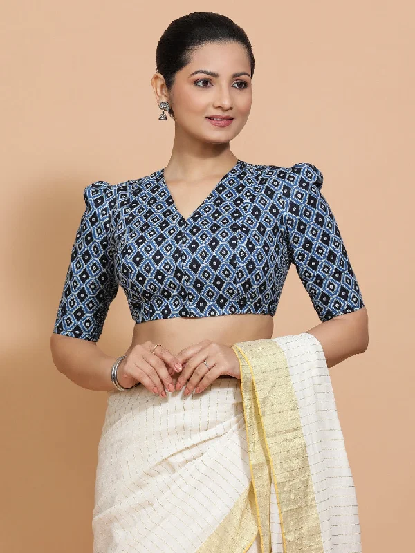 Blouses & Shirts for Running -  Women's Mock Neck Shirts-Tasneem x Rozaana | Elbow Sleeves Cotton Saree Blouse in Indigo Blue Geometric Block Print Fabric