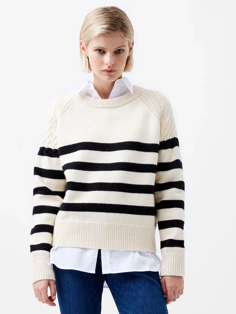 Pullover sweater stylish knit-Women's Glitter Ruffle Pullovers-Quinley Stripe Sweater - Classic Cream and Black