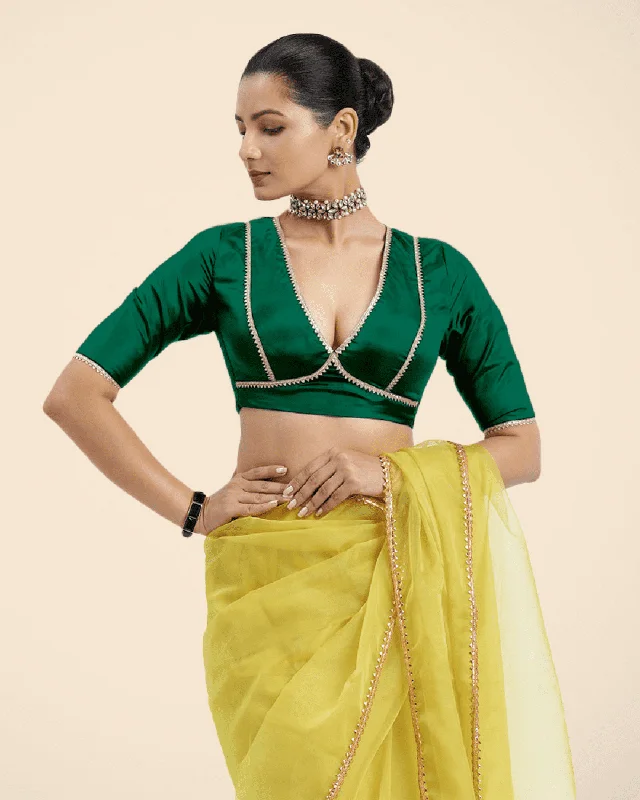 Blouses & Shirts for Streetwear -  Women's Feminine Blouses-Zeenat x Tyohaar | Bottle Green Saree Blouse w/ FlexiFit™ and Golden Gota Lace