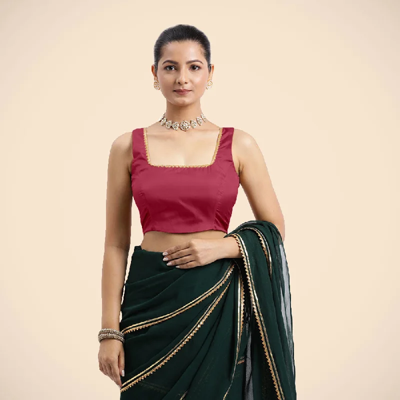 Blouses & Shirts for Indian Fashion -  Women's Square Neck Shirts-Tanvi x Tyohaar | Rani Pink Sleeveless FlexiFit™ Saree Blouse with Square Front Neck and Deep Back with Dori and Golden Gota Embellishment