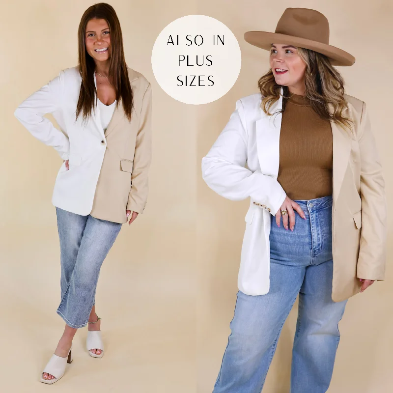 Heated Blazer-Women's Cool Blazers-Expect First Class Long Sleeve Color Block Blazer in Beige and White