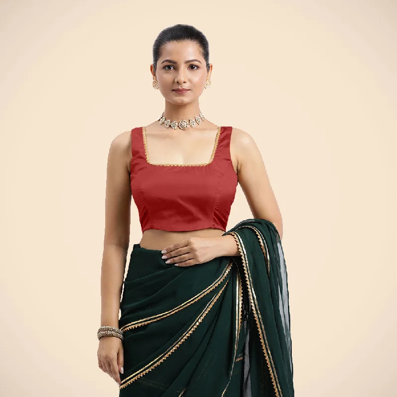 Blouses & Shirts for Work -  Women's Chic Blouses-Tanvi x Tyohaar | Crimson Red Sleeveless FlexiFit™ Saree Blouse with Square Front Neck and Deep Back with Dori and Golden Gota Embellishment