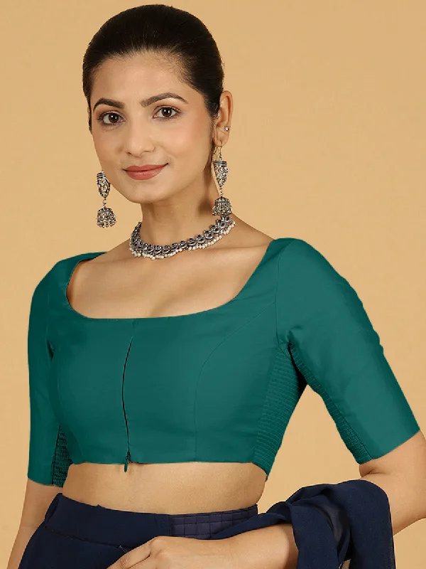 Blouses & Shirts for Jet Setters -  Women's Bohemian Blouses-Nidhi x Rozaana | Elbow Sleeves Saree Blouse in Peacock Green