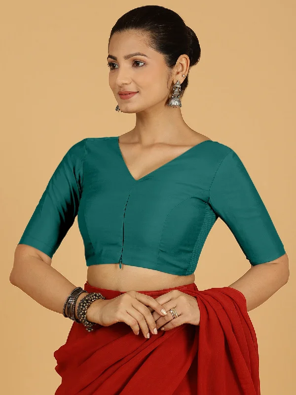 Blouses & Shirts for Modeling -  Women's Ribbed Blouses-Shabana x Rozaana | Elbow Sleeves Saree Blouse in Peacock Green