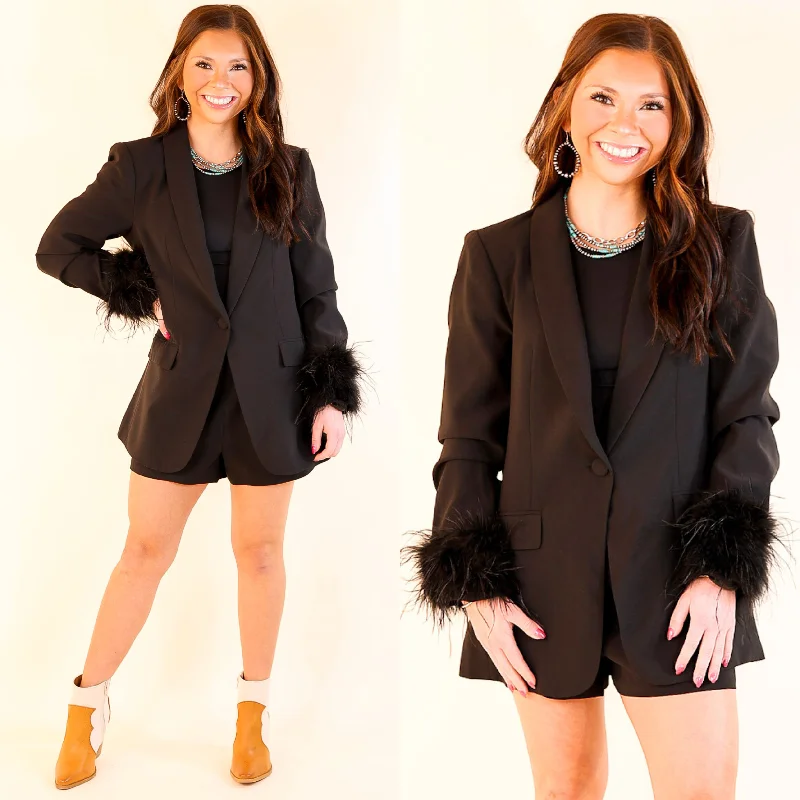 Two-Tone Blazer-Women's Abstract Blazers-BuddyLove | Elle Feather Trim Blazer in Obsidian (Black)