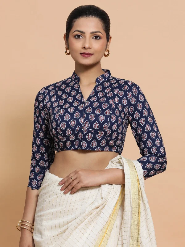 Blouses & Shirts for Fashion -  Women's Kimono Sleeve Blouses-Nehal x Rozaana | Three Quarter Sleeves Cotton Saree Blouse in Indigo Blue Spade Block Print Fabric