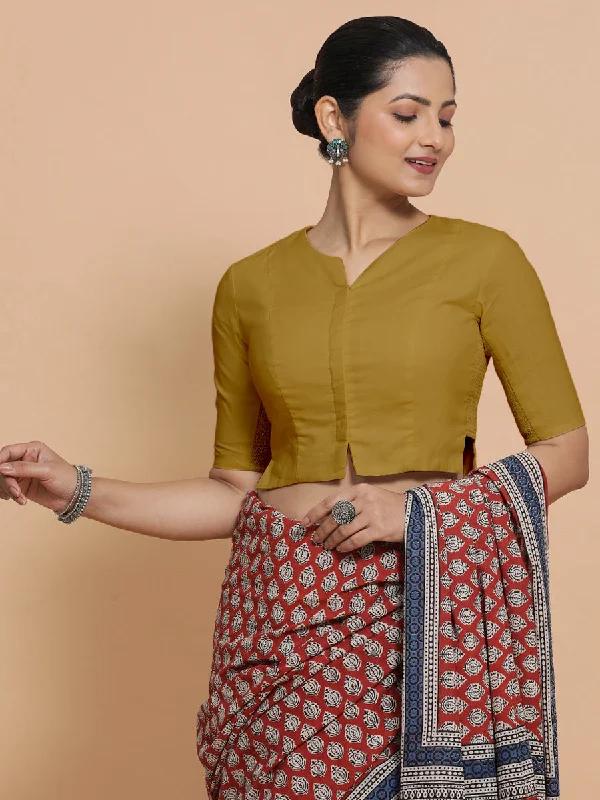 Blouses & Shirts for Vintage Look -  Women's Collared Blouses-Tejasvi x Rozaana | Round Neck Khaki Plain Cotton Saree Blouse