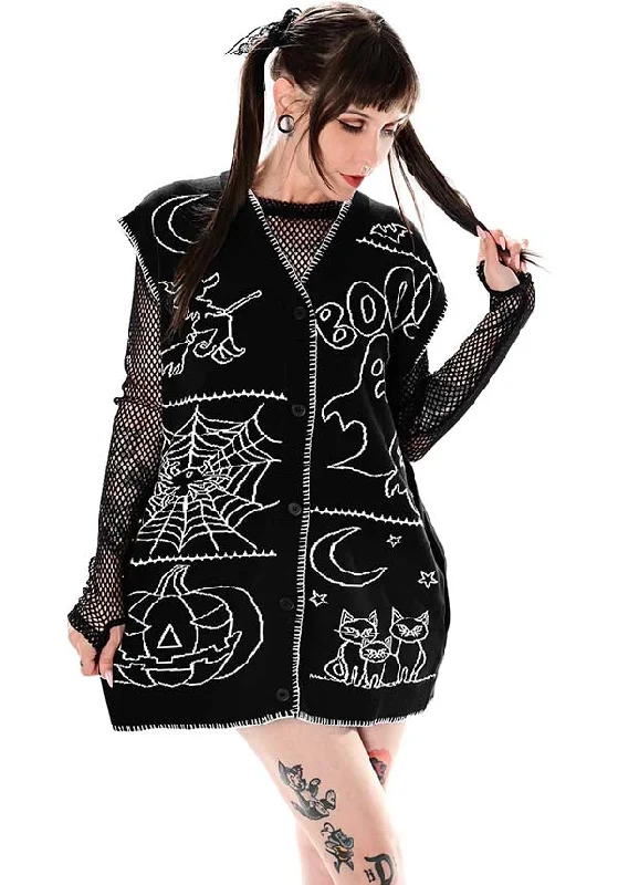 Pullover sweater cozy knitwear-Women's Zip-Up A-Line Pullovers-Halloween Night Patchwork | VEST