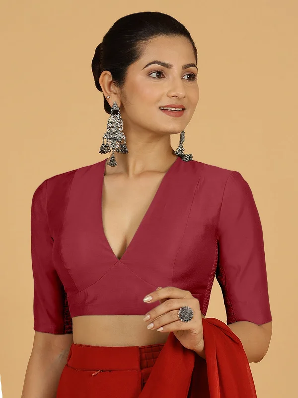 Blouses & Shirts for Outdoor Activities -  Women's Off-Shoulder Blouses-Damini x Rozaana | Scarlet Red Elbow Sleeves V-Neck Saree Blouse