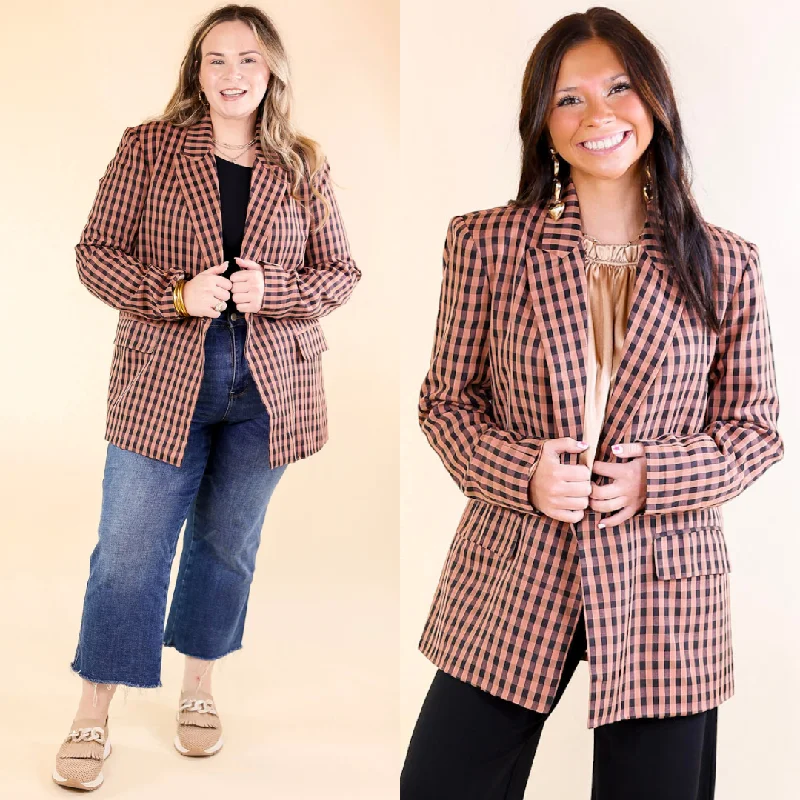 Evening Wear Blazer-Women's Casual Work Blazers-Coffee And Smiles Double Button Plaid Blazer with Long Sleeves in Terracotta Brown and Black