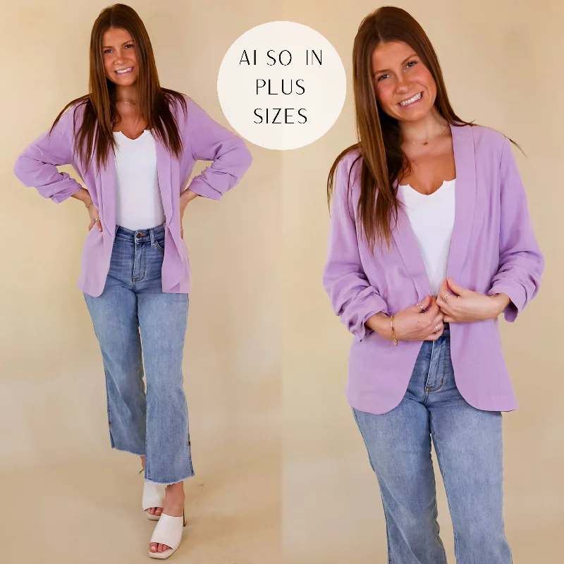 Travel Tech Blazer-Women's Country Blazers-Promise Me Open Front Linen Blazer in Lavender Purple