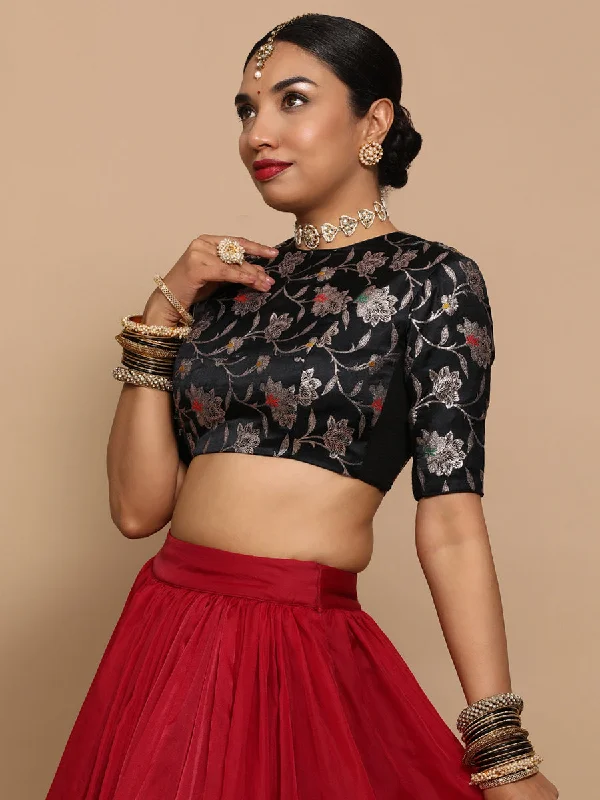 Blouses & Shirts for Bohemian Style -  Women's Floral Blouses-Kavi x Tyohaar | Elbow Sleeves Satin Viscose Saree Blouse in Black Meenakari Fabric