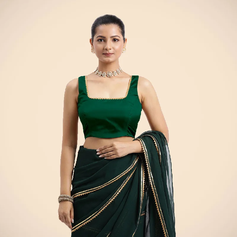 Blouses & Shirts for Boys -  Women's Casual Blouses-Tanvi x Tyohaar | Bottle Green Sleeveless FlexiFit™ Saree Blouse with Square Front Neck and Deep Back with Dori and Golden Gota Embellishment