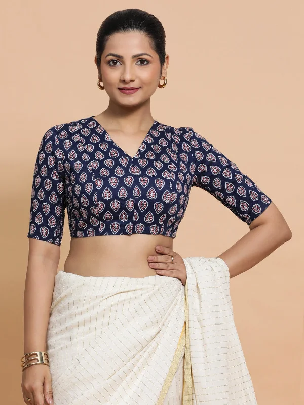 Blouses & Shirts for Nursing -  Women's Linen Blouses-Gauri x Rozaana | Elbow Sleeves Cotton Saree Blouse in Indigo Blue Spade Block Print Fabric