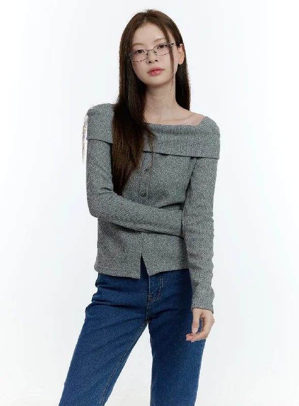 Pullover sweater discount code-Women's Fleece Denim Pullovers-Cozy Buttoned Ribbed Sweater CF504