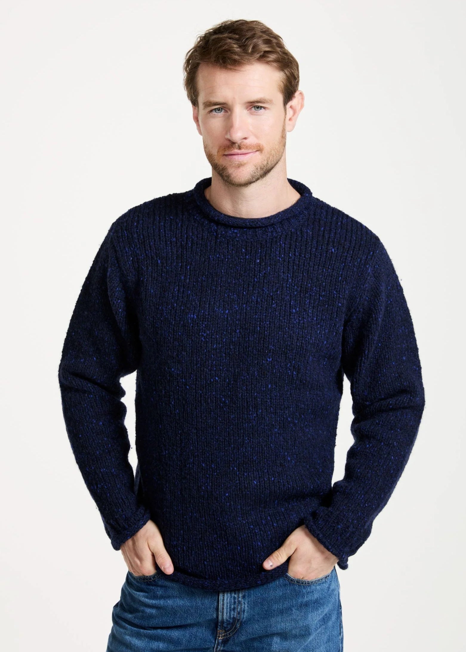 Pullover sweater warm tones-Women's Zip Pullovers-Raheen Tweed Roll Neck Mens Sweater | Navy