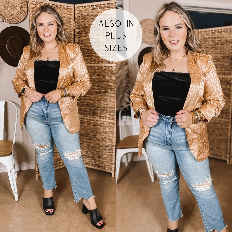 Hidden Pocket Blazer-Women's Dark Blazers-Lasting Impression Leopard Print Blazer with Ruched 3/4 Sleeves in Copper