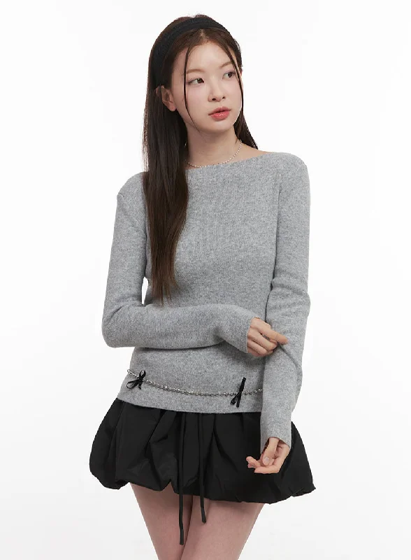 Pullover sweater trendy knit-Women's Fleece Pullovers-Elegant Boat-Neck Knit Sweater IJ530