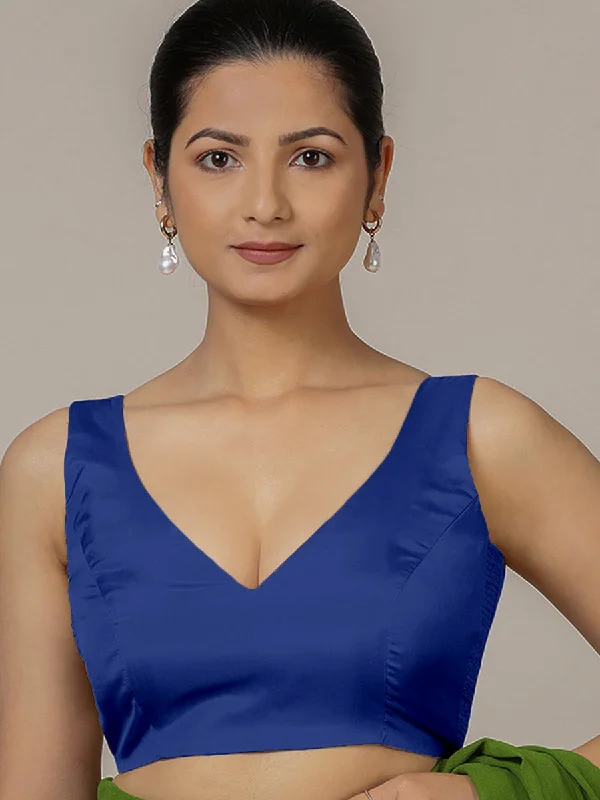 Blouses & Shirts for Designers -  Women's Layered Tops-Raisa x Rozaana | Cobalt Blue Sleeveless FlexiFit™ Saree Blouse with Simple V Neckline and Back Cut-out with Tie-Up