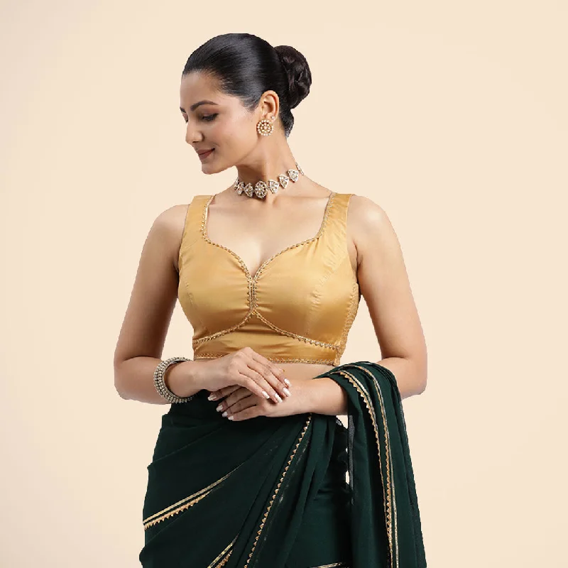 Blouses & Shirts for Office -  Women's Embroidered Shirts-Ishika x Tyohaar | Gold Sleeveless FlexiFit™ Saree Blouse with Beetle Leaf Neckline with Golden Gota Lace and Back Cut-out with Tie-Up