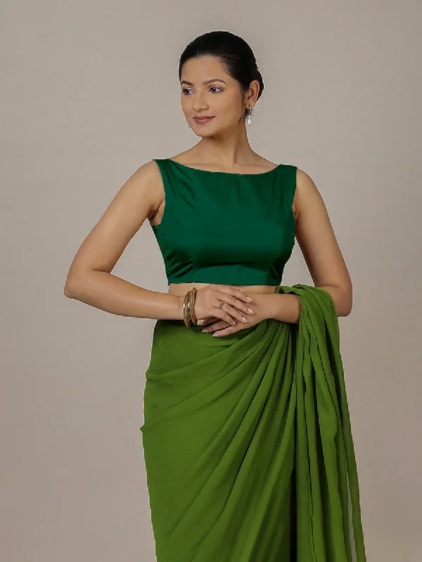 Blouses & Shirts for Business -  Women's Jersey Blouses-Sherry x Rozaana | Bottle Green Saree Blouse w/ Back Bow and FlexiFit™