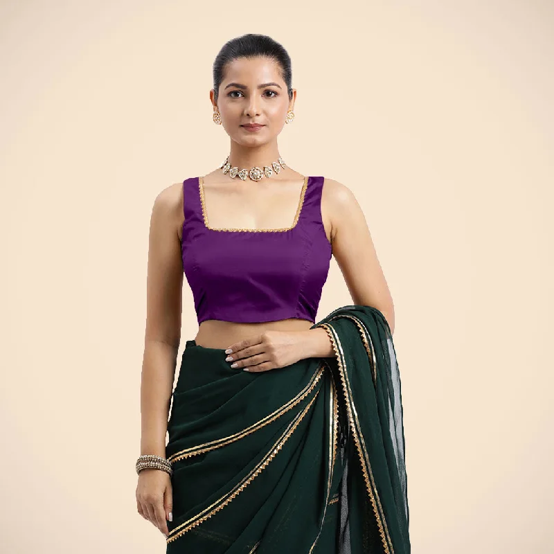 Blouses & Shirts for Cruise Trips -  Women's Puff Sleeve Shirts-Tanvi x Tyohaar | Purple Sleeveless FlexiFit™ Saree Blouse with Square Front Neck and Deep Back with Dori and Golden Gota Embellishment