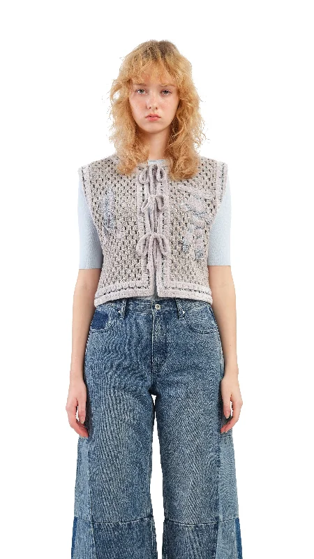 Pullover sweater cozy knitwear-Women's Maxi Denim Pullovers-Selk'Nam Graphic Crochet Vest