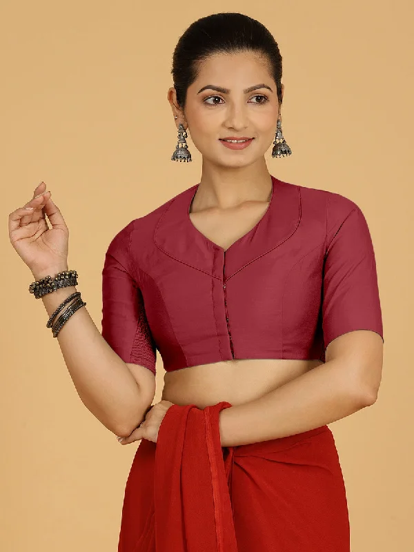 Blouses & Shirts for Maternity Wear -  Women's Ruffle Neck Shirts-Pallavi x Rozaana | Elbow Sleeves Saree Blouse in Scarlet Red