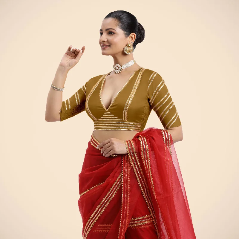 Blouses & Shirts for Thanksgiving -  Women's Modern Blouses-Navya x Tyohaar | Bronze Gold Elbow Sleeves FlexiFit™ Saree Blouse with Plunging V Neckline with Tasteful Golden Gota Lace