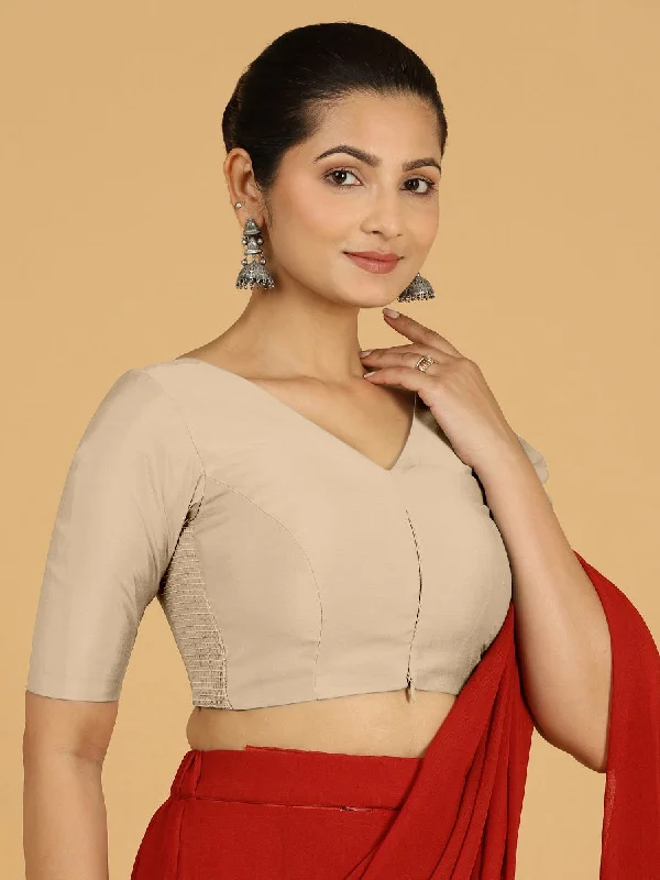 Blouses & Shirts for Sustainable Fashion -  Women's Boxy Blouses-Shabana x Rozaana | Elbow Sleeves Saree Blouse in Oyster Grey