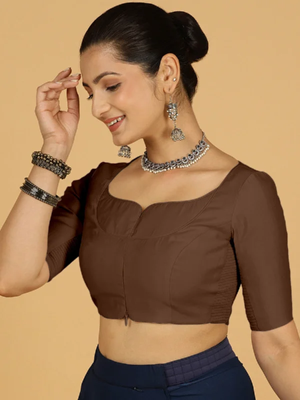 Blouses & Shirts for Photoshoots -  Women's Lace Yoke Blouses-Priya x Rozaana | Elbow Sleeves Saree Blouse in Walnut Brown