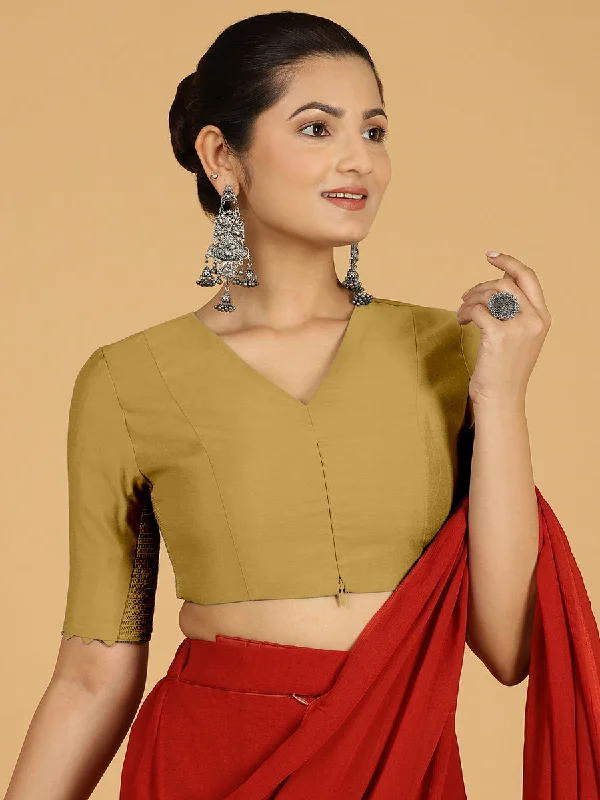 Blouses & Shirts for Work -  Women's Backless Blouses-Divya x Rozaana | Elbow Sleeves Saree Blouse in Dijon Mustard