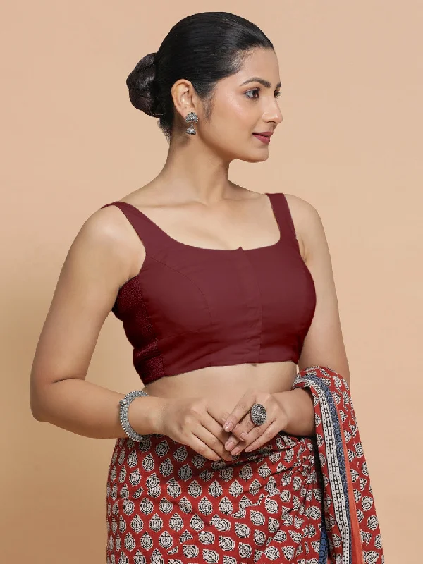 Blouses & Shirts for Asian Style -  Women's Slit Sleeve Blouses-Mohini x Rozaana | Round Neck Royal Maroon Plain Cotton Saree Blouse