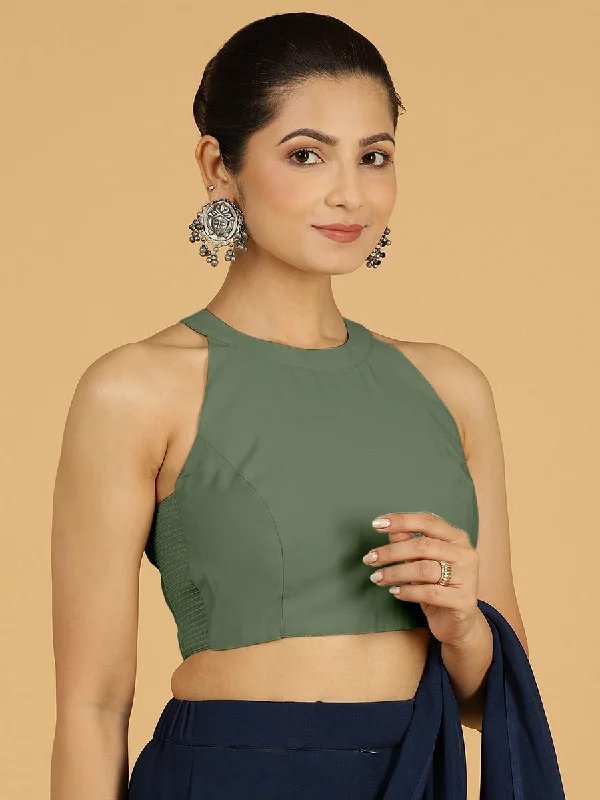 Blouses & Shirts for Christmas -  Women's Puff Shoulder Blouses-Zubeida x Rozaana | Hunter Green Sleeveless Halter Neck Saree Blouse