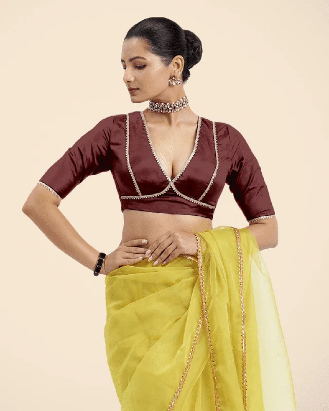 Blouses & Shirts for Girls -  Women's Applique Blouses-Zeenat x Tyohaar | Burgundy Saree Blouse w/ FlexiFit™ and Golden Gota Lace