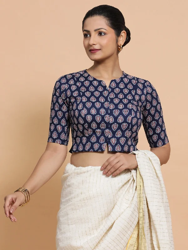 Blouses & Shirts for Winter -  Women's Fitted Blouses-Kaira x Rozaana | Elbow Sleeves Cotton Saree Blouse in Indigo Blue Spade Block Print Fabric