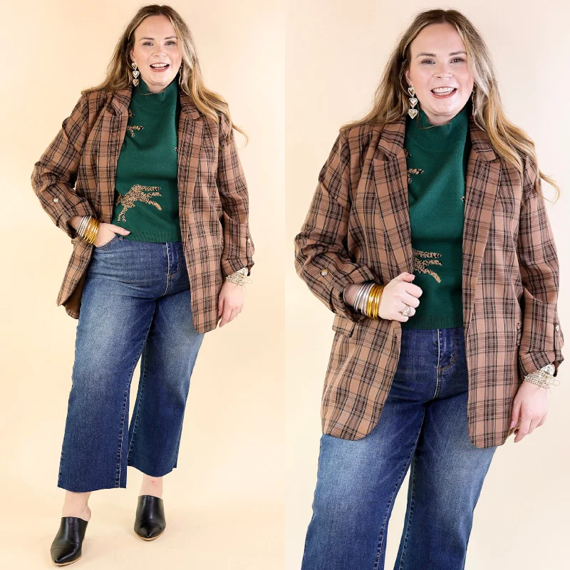 Afternoon Blazer-Women's Casual Fridays Blazers-Mountain View Open Front Plaid Blazer with 3/4 Sleeves in Brown