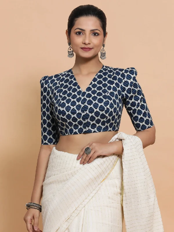 Blouses & Shirts for Oversized Look -  Women's Long Tunic Blouses-Payal x Rozaana | Elbow Sleeves Cotton Saree Blouse in Indigo Blue Leaf Block Print Fabric